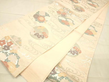 平和屋着物＊夏物 六通柄袋帯 流水草花文 銀糸 正絹 逸品 DAAX0328cm