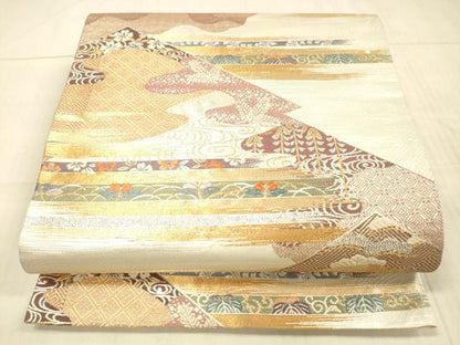平和屋着物▼六通柄袋帯　吉祥草花文　金銀糸　正絹　逸品　DAAX0356cm