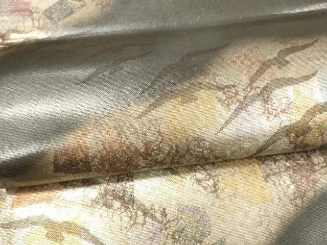平和屋着物▼六通柄袋帯 抽象飛鳥文 黒地 銀糸 引箔 正絹 逸品 DAAX0357cm
