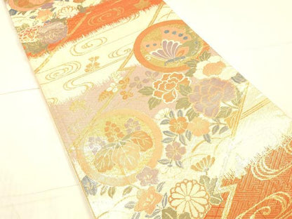 平和屋着物▼佐賀錦　六通柄袋帯　流水花蝶文　金糸　正絹　逸品　DAAX0376cm