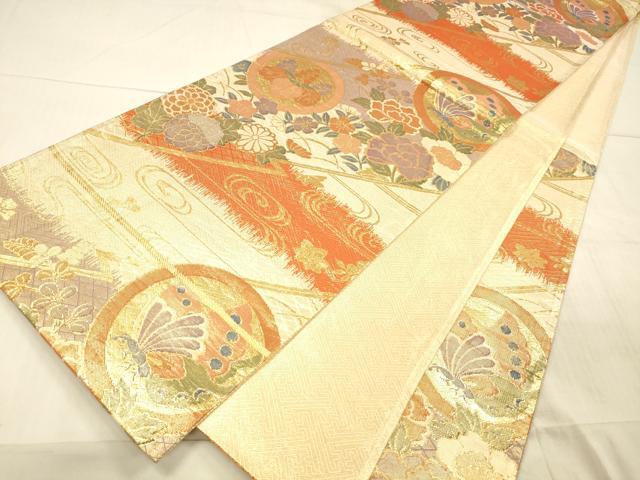平和屋着物▼佐賀錦　六通柄袋帯　流水花蝶文　金糸　正絹　逸品　DAAX0376cm