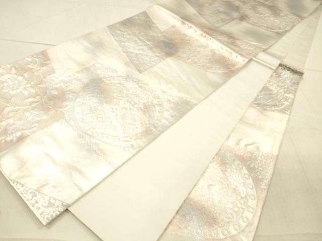 平和屋着物▼六通柄袋帯　向かい鳥花唐草文　銀糸　引箔　正絹　逸品　DAAX0378cm