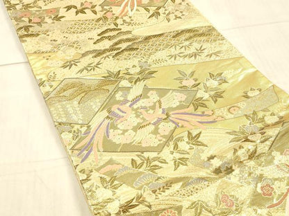 平和屋着物▼六通柄袋帯 鳳凰草花文 金糸 正絹 逸品 DAAX0381cm