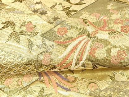 平和屋着物▼六通柄袋帯 鳳凰草花文 金糸 正絹 逸品 DAAX0381cm