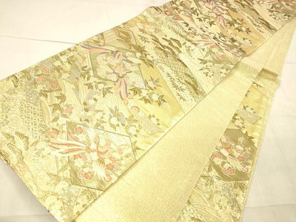 平和屋着物▼六通柄袋帯 鳳凰草花文 金糸 正絹 逸品 DAAX0381cm