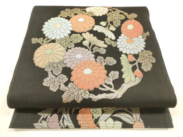 平和屋着物＊夏物 六通柄袋帯 草花文 黒地 金糸 正絹 逸品 DAAX0457cm