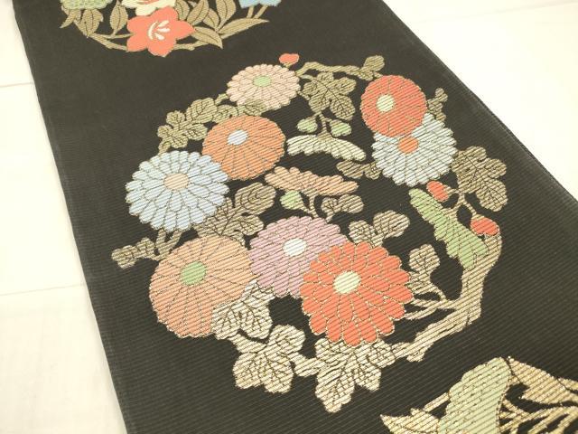 平和屋着物＊夏物 六通柄袋帯 草花文 黒地 金糸 正絹 逸品 DAAX0457cm