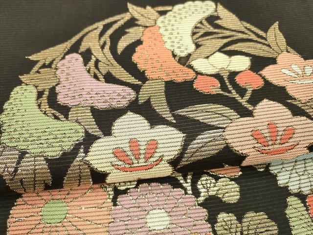 平和屋着物＊夏物 六通柄袋帯 草花文 黒地 金糸 正絹 逸品 DAAX0457cm