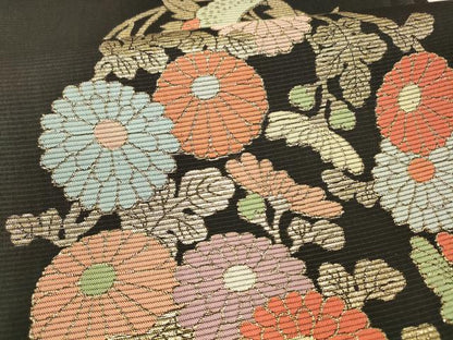平和屋着物＊夏物 六通柄袋帯 草花文 黒地 金糸 正絹 逸品 DAAX0457cm