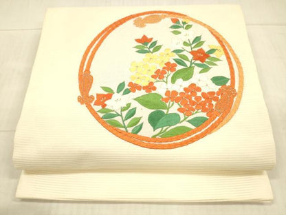 平和屋着物＊夏物 九寸開き名古屋帯 総刺繍 草花紐文 銀糸 正絹 逸品 DAAX0463cm