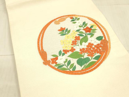 平和屋着物＊夏物 九寸開き名古屋帯 総刺繍 草花紐文 銀糸 正絹 逸品 DAAX0463cm