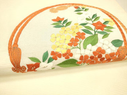 平和屋着物＊夏物 九寸開き名古屋帯 総刺繍 草花紐文 銀糸 正絹 逸品 DAAX0463cm