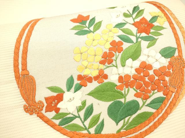 平和屋着物＊夏物 九寸開き名古屋帯 総刺繍 草花紐文 銀糸 正絹 逸品 DAAX0463cm