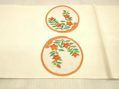 平和屋着物＊夏物 九寸開き名古屋帯 総刺繍 草花紐文 銀糸 正絹 逸品 DAAX0463cm