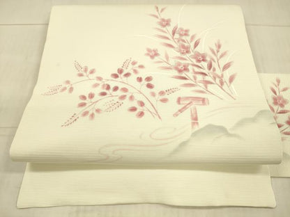 平和屋着物＊夏物 九寸名古屋帯 手描き 流水草花文 銀彩 正絹 逸品 DAAX0466cm