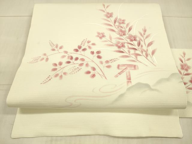 平和屋着物＊夏物 九寸名古屋帯 手描き 流水草花文 銀彩 正絹 逸品 DAAX0466cm