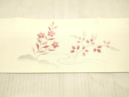 平和屋着物＊夏物 九寸名古屋帯 手描き 流水草花文 銀彩 正絹 逸品 DAAX0466cm