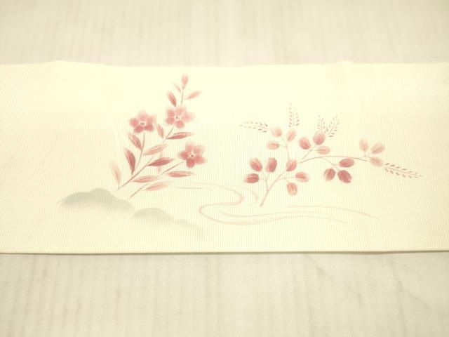 平和屋着物＊夏物 九寸名古屋帯 手描き 流水草花文 銀彩 正絹 逸品 DAAX0466cm