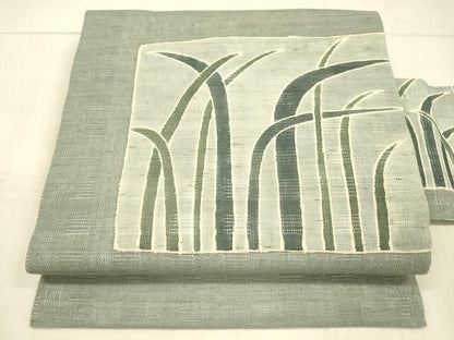 平和屋着物＊夏物　九寸名古屋帯　型染　草葉文　麻　逸品　DAAX0472cm