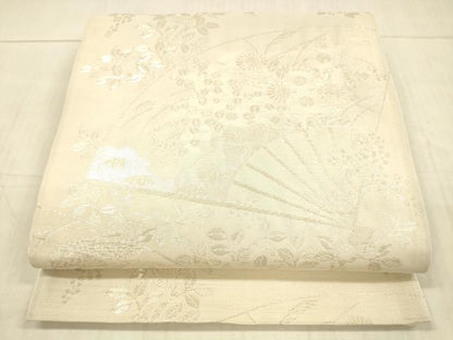 平和屋着物＊夏物 六通柄袋帯 扇面草花文 銀糸 正絹 逸品 DAAX0478cm