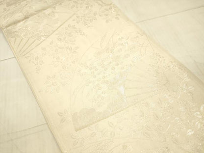 平和屋着物＊夏物 六通柄袋帯 扇面草花文 銀糸 正絹 逸品 DAAX0478cm