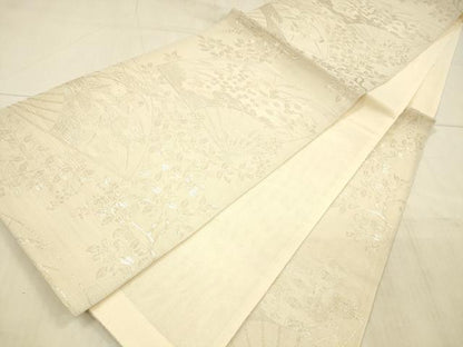 平和屋着物＊夏物 六通柄袋帯 扇面草花文 銀糸 正絹 逸品 DAAX0478cm