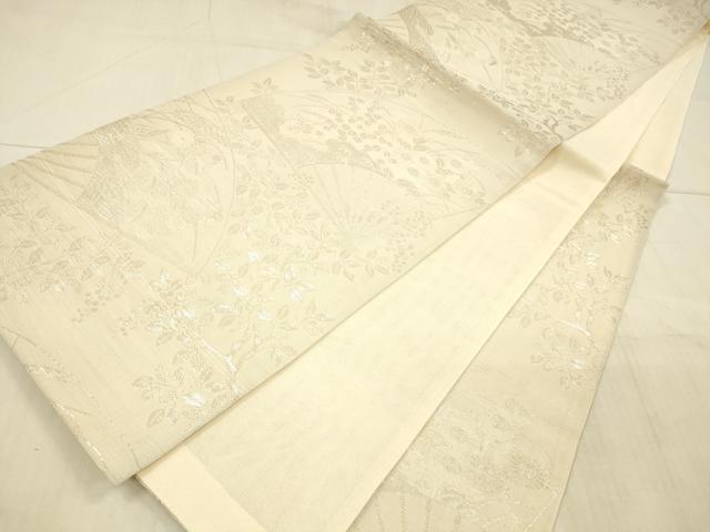 平和屋着物＊夏物 六通柄袋帯 扇面草花文 銀糸 正絹 逸品 DAAX0478cm