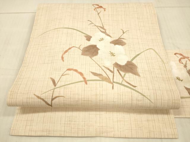 平和屋着物＊夏物 九寸名古屋帯 草花文 金彩 麻 逸品 DAAX0485cm