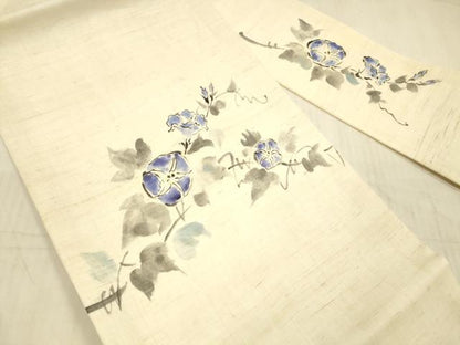 平和屋着物＊夏物 九寸名古屋帯 手描き 朝顔 麻 逸品 DAAX0491cm
