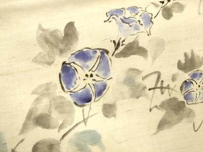平和屋着物＊夏物 九寸名古屋帯 手描き 朝顔 麻 逸品 DAAX0491cm