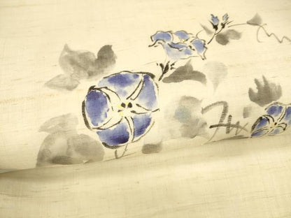 平和屋着物＊夏物 九寸名古屋帯 手描き 朝顔 麻 逸品 DAAX0491cm