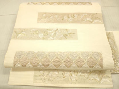 平和屋着物＊夏物 九寸名古屋帯 横段草花文 金銀糸 正絹 逸品 DAAX0492cm