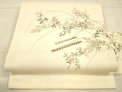 平和屋着物＊夏物 九寸名古屋帯 手描き 横笛草葉文 麻 逸品 DAAX0494cm
