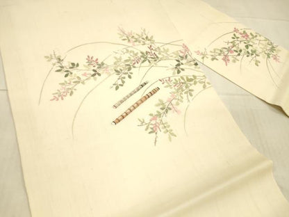 平和屋着物＊夏物 九寸名古屋帯 手描き 横笛草葉文 麻 逸品 DAAX0494cm