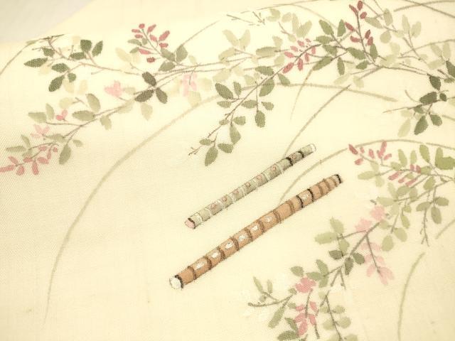 平和屋着物＊夏物 九寸名古屋帯 手描き 横笛草葉文 麻 逸品 DAAX0494cm