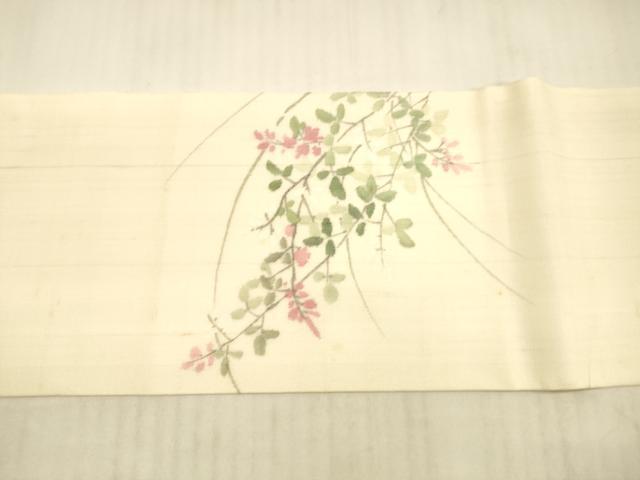 平和屋着物＊夏物 九寸名古屋帯 手描き 横笛草葉文 麻 逸品 DAAX0494cm