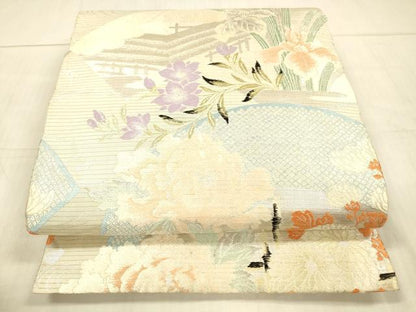平和屋着物＊夏物 アンティーク 大正ロマン 丸帯 引き抜き帯 唐織 風景鹿の子草花文 銀糸 正絹 逸品 DAAX0507cm