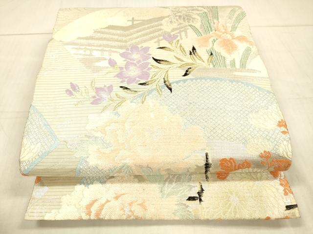 平和屋着物＊夏物 アンティーク 大正ロマン 丸帯 引き抜き帯 唐織 風景鹿の子草花文 銀糸 正絹 逸品 DAAX0507cm
