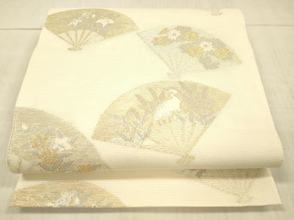 平和屋着物＊夏物 六通柄袋帯 扇面草花文 鷺 金銀糸 正絹 逸品 DAAX0510cm
