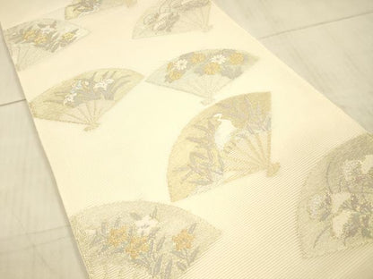 平和屋着物＊夏物 六通柄袋帯 扇面草花文 鷺 金銀糸 正絹 逸品 DAAX0510cm