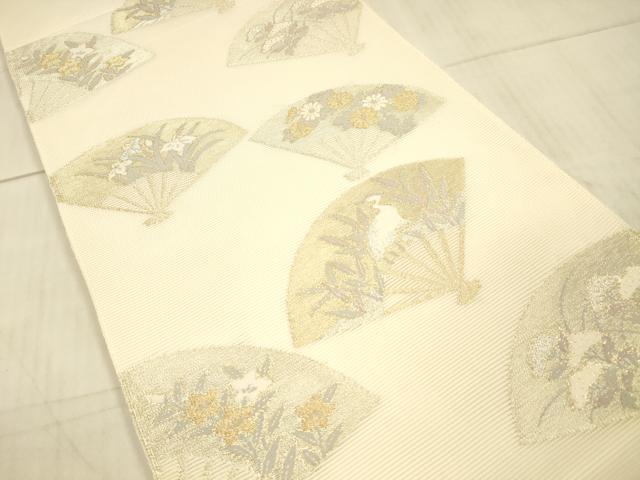 平和屋着物＊夏物 六通柄袋帯 扇面草花文 鷺 金銀糸 正絹 逸品 DAAX0510cm