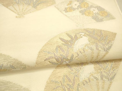 平和屋着物＊夏物 六通柄袋帯 扇面草花文 鷺 金銀糸 正絹 逸品 DAAX0510cm