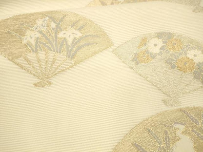 平和屋着物＊夏物 六通柄袋帯 扇面草花文 鷺 金銀糸 正絹 逸品 DAAX0510cm