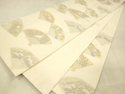 平和屋着物＊夏物 六通柄袋帯 扇面草花文 鷺 金銀糸 正絹 逸品 DAAX0510cm