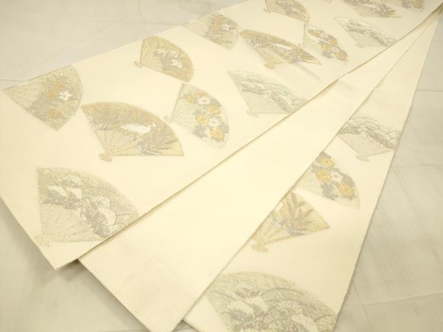 平和屋着物＊夏物 六通柄袋帯 扇面草花文 鷺 金銀糸 正絹 逸品 DAAX0510cm