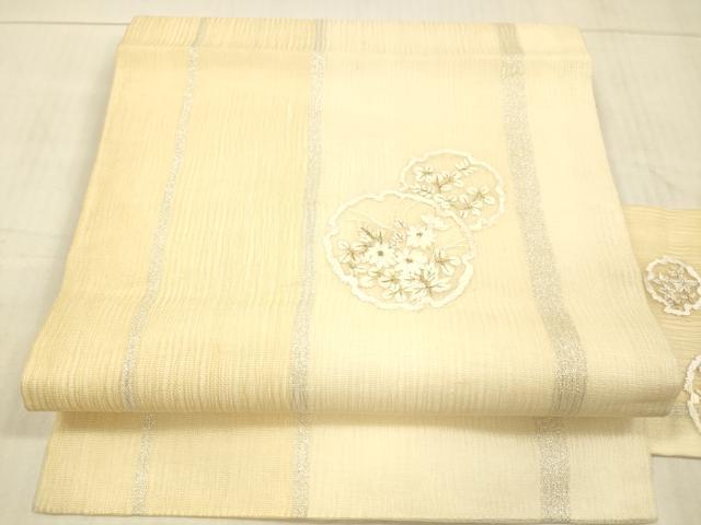 平和屋着物＊夏物 九寸名古屋帯 総刺繍 雪輪草花文 金銀糸 正絹 逸品 DAAX0516cm
