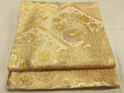 平和屋着物◎六通柄袋帯　天井扇面花文　金糸　正絹　逸品　DAAX0565jm