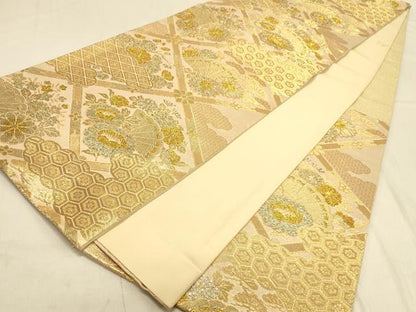 平和屋着物◎六通柄袋帯　天井扇面花文　金糸　正絹　逸品　DAAX0565jm