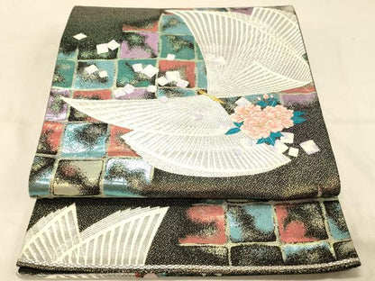 平和屋着物◎六通柄袋帯　唐織　花蝶文　黒地　金銀糸　正絹　逸品　DAAX0608jm