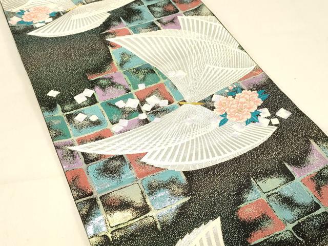平和屋着物◎六通柄袋帯　唐織　花蝶文　黒地　金銀糸　正絹　逸品　DAAX0608jm